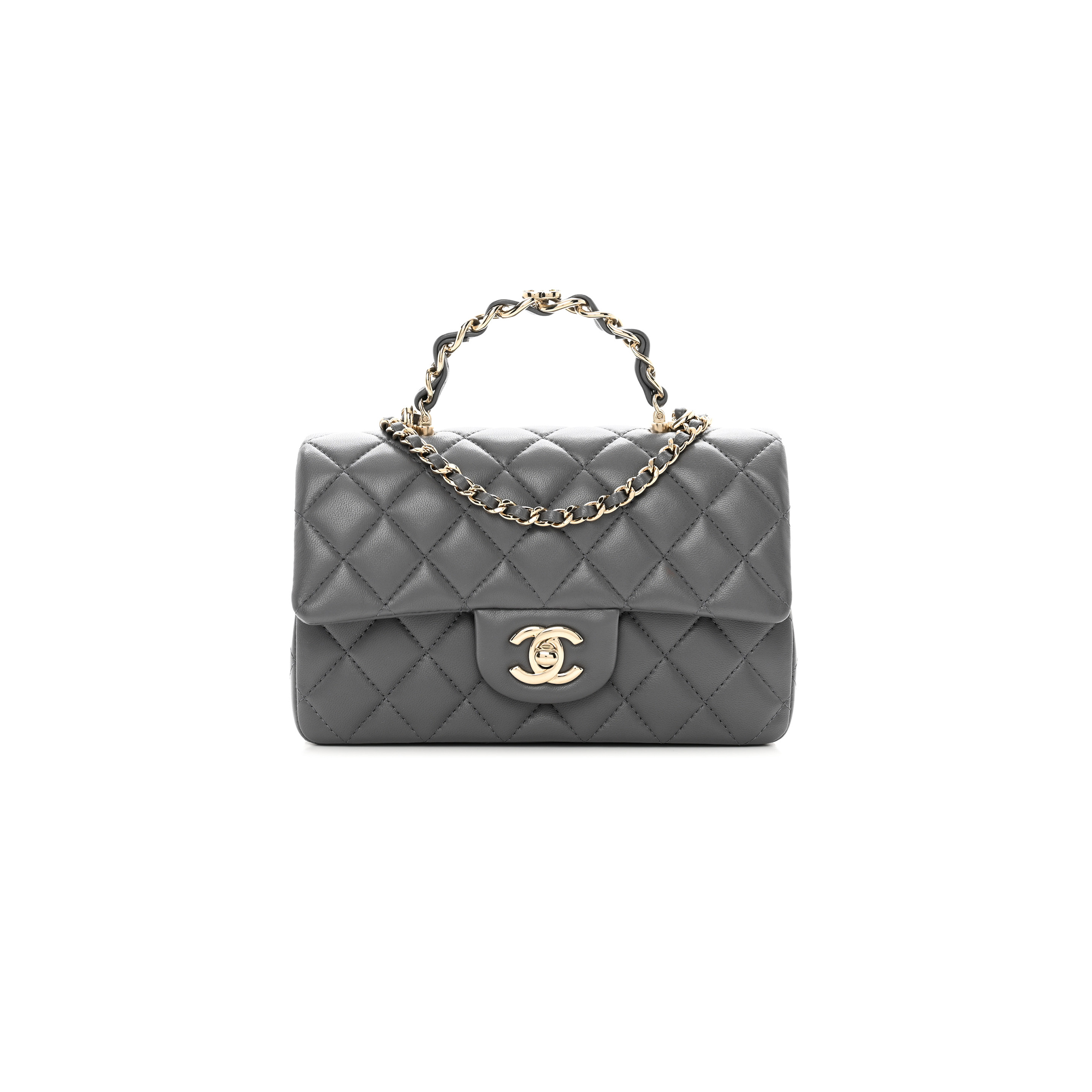 CHANEL LAMBSKIN QUILTED MINI CHAIN TOP HANDLE RECTANGULAR FLAP GREY AS2431 (20*12*6cm)